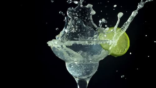 Ice Falls Into a Margarita Cocktail Filmed on a Highspeed Camera at 1000 Fps