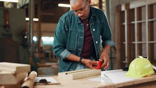 Black man, carpenter and measuring tape at factory for wood, drawing or design at warehouse