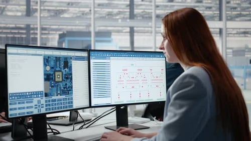 Close Up of Woman in Semiconductors Factory Office Analyzing PCB with Software