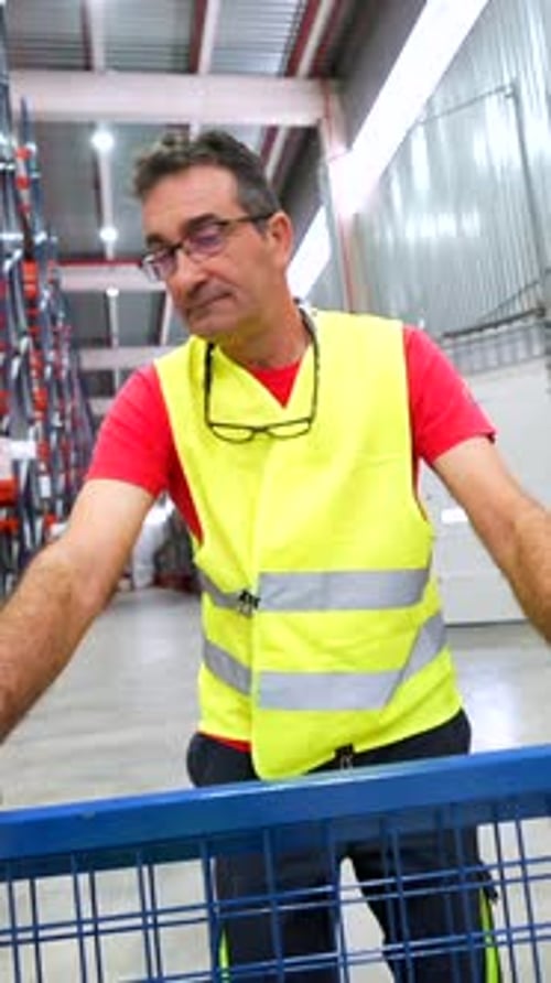 Homme portant un gilet réfléchissant de sécurité dans un entrepôt de distribution