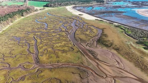 Aerial view of river marsh patterns and vegetation, United Kingdom.