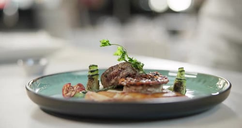 Restaurant, steak and plate with meat on luxury, gourmet or fine dining menu with spices and herbs
