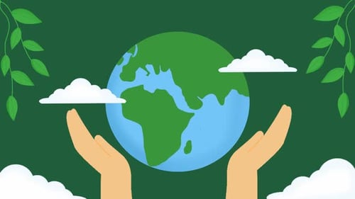 Animated Earth Protection with Hands and Green Leaves