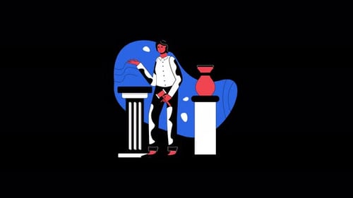 Stylized figure beside classical columns and vase