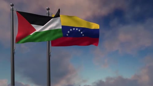 Waving Flags of Palestine and Venezuela Against a Cloudy Sky