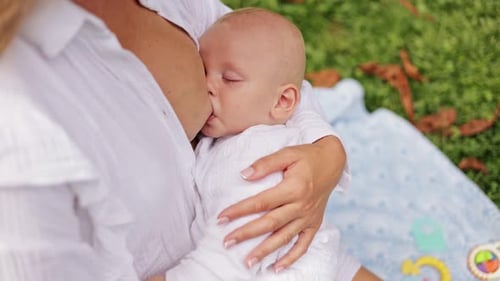Mother Breastfeeding Baby in Park