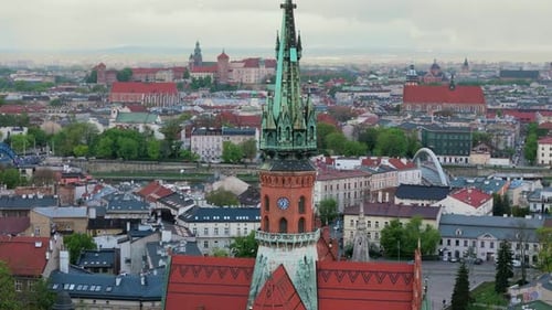Aerial Panorama of Podgorze District in Krakow with View of Royal Wawel Castle