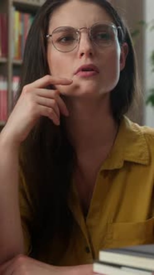 Pensive Thoughtful Caucasian Girl Teacher Female Student Thinking Idea Studying Indoor Library Young