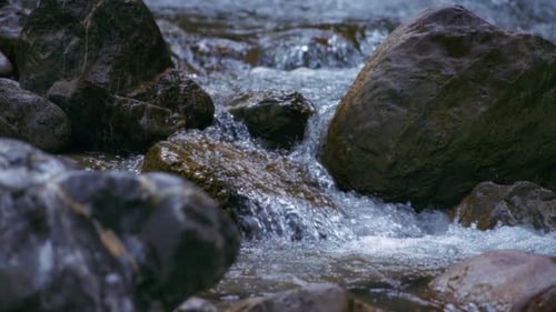 Close up of a mountain river stream flowing through the rocks