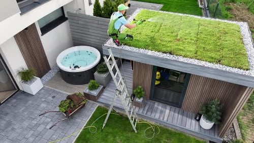 Erfahrener Gärtner pflegt das Gründach eines modernen Gebäudes in sonniger Umgebung im Freien