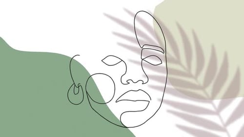 Animation of drawing of face in black outline against moving leaf on white and green background