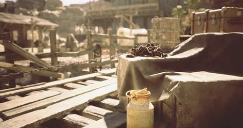 Dusty Market Stall in an Old Western Town with Rustic Items on Display