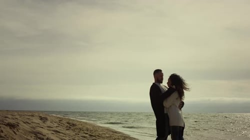 Couple Standing Sea Beach in Casual Clothes Beautiful Lovers Hugging at Seaside