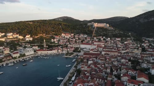 Aerial view of the island and city of Hvar in Croatia at sunrise
