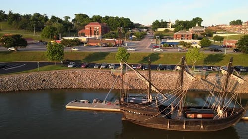 Aerial pan of La Pinta docked on the Cumberland River
