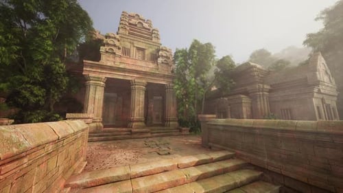 Les ruines d'un ancien temple enveloppées dans la brume de la jungle