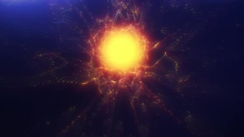Abstract digital sci-fi golden glowing tunnel of energy particles on dark background
