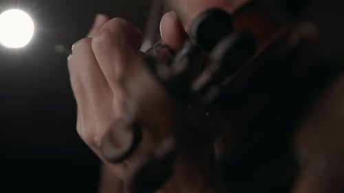 Hands and Fingers of Music Player on Classic Wooden Violin Close Up