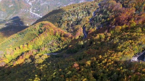 Mountain road snaking through dense forest with colorful foliage in Autumn, in Albanian Alps