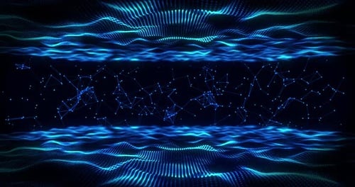 Onde lumineuse abstraite de particules et de points se déplaçant sur fond bleu, visualisation de données volumineuses