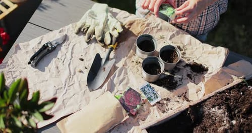 Woman Plants Seeds in Small Pots Outdoors
