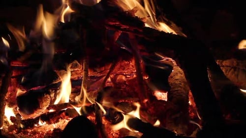Gros plan d'un feu de camp en soirée.