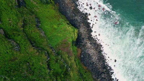 Ocean Surf Splashing Mossy Cliffs Nature Drone Top View Foaming Waves Beach