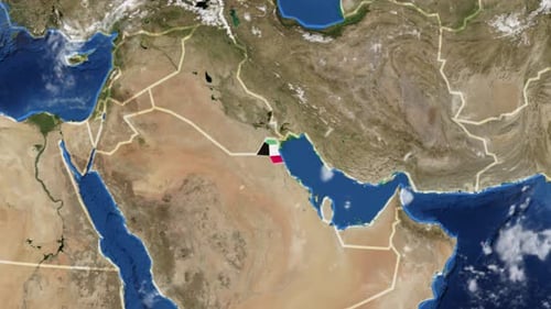 Earth Zoom to Kuwait Map with Country Borders and Flag