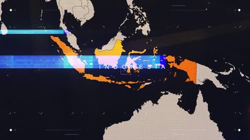 Futuristic World Map Highlight of Indonesia with Glitch Effect