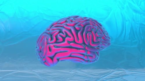 Lebendige rosa und blaue Gehirnimlustration auf futuristischem Hintergrund