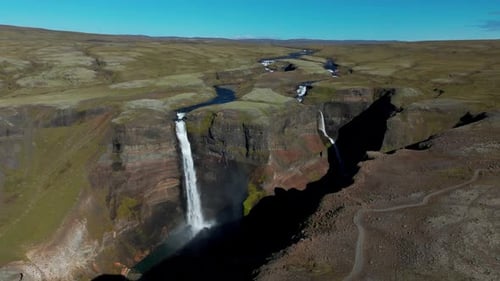 Panoramic View Of Haifoss Waterfall Near Volcano Hekla In Southern Iceland. Aerial Shot