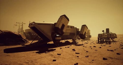 Exploration Vehicles on the Surface of Mars Amidst Rocky Terrain and Dust