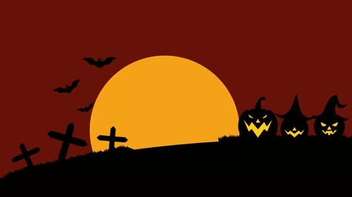 Spooky Halloween night with glowing pumpkin, bats, and graveyard under full moon