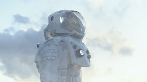 Medium Shot of Female Astronaut in the Space Suit Looking Around Frozen Alien Planet. Advanced Tech