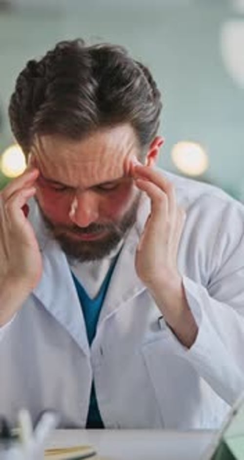 Man, doctor or headache with stress or strain for burnout, mental health or fatigue in office