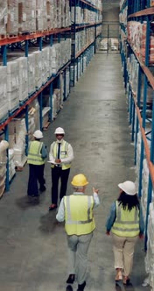 Factory, people and quality control in warehouse for logistics, manufacturing
