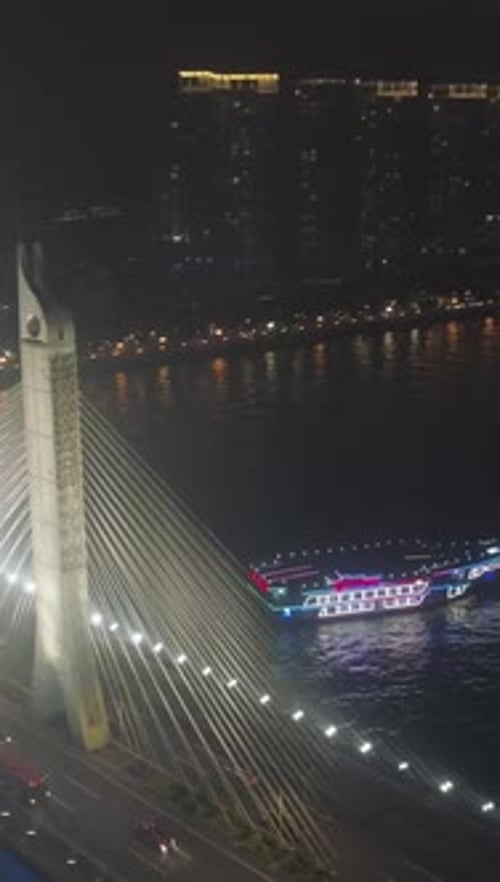 Bridge in Guangzhou City Car Traffic at Night Guangdong China Aerial View Vertical Video
