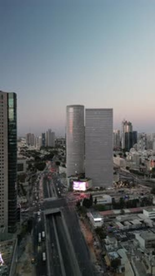 Aerial video of skyscrapers in Tel Aviv at sunset Israel
