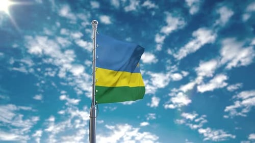 Realistic 3D Flag of Rwanda Waving Against a Blue Sky