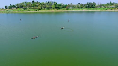 Aerial view from top of fisherman on the Gunungrowo reservoir, Pati indonesia