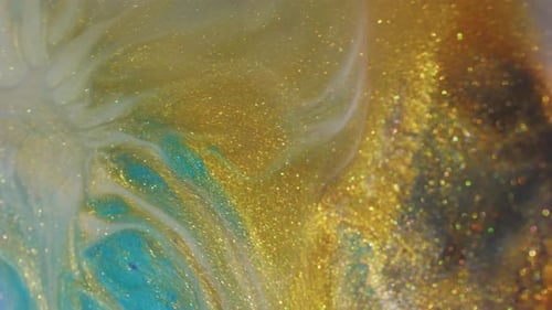 Flowing Abstract Background of Gold, Teal, and White Paint