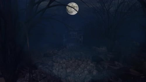 Eerie Halloween Graveyard with Skulls and Haunted House Under Moonlight