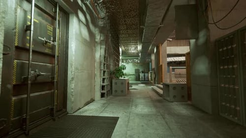 Silent Underground Corridor Bathed in Greenish Light and Shadows