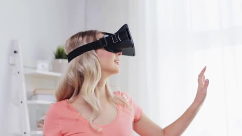 Smiling Woman Experiencing Virtual Reality in Bright Room