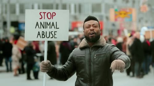 Un homme afro-américain tient une bannière végétalienne Stop Animal Abuse Animal Man Demonstration