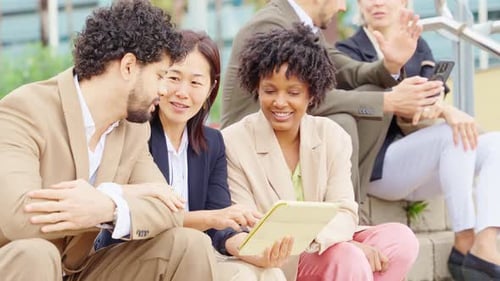 Business Multiethnic People Financial Business People Having Meeting Using Tablet Outside