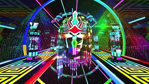 Futuristic Neon Mask in Abstract Digital Space Tunnel