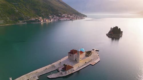 Beautiful Church Islands of Perast, Aerial Panorama during Golden Hour, Montenegro