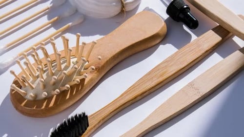 Zoom in Out Set of Eco Natural Bathroom Accessories and Cosmetics on White Background