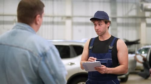 Automotive Mechanic Male in Uniform Explaining Checklist Car Maintenance and Repair to